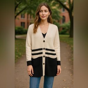 Anthropologie Angel Of The North Cream Black Striped Cardigan Varsity Office S